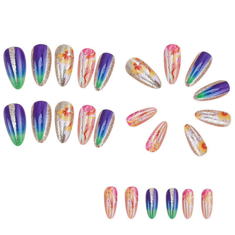 New FashionSparkly Almond Leaf Gold Gradient Nail Tips