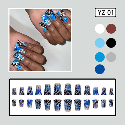 Summer Wave French Leopard Duckbill Nail Tips with 3D Rhinestones