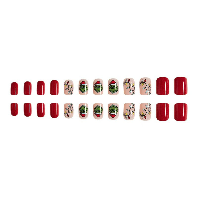 Short Glossy Christmas Grinch Red Hat Green Press-On Nails - 24 Pieces