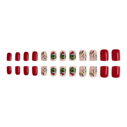 Short Glossy Christmas Grinch Red Hat Green Press-On Nails - 24 Pieces