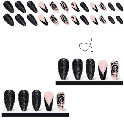 New FashionBlack Rose Almond Nail Tips