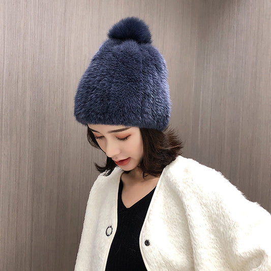 Stylish Mink Fur Hat with Fox Pom Pom