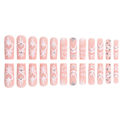 White Christmas Snowflake Heart Nail Extensions with Rhinestones