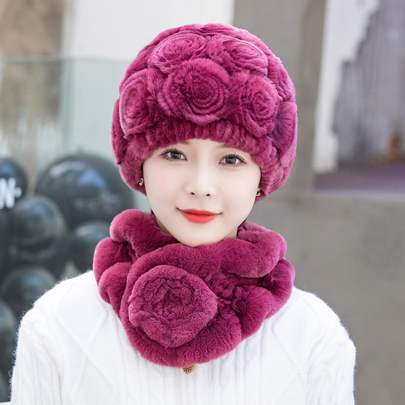 Winter Rex Rabbit Fur Ear Flap Hat & Scarf Set