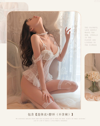 Sexy Suspender Lace Deep V Steel Ring Gathering Hollow Lace-up Pajama Set Erotic Underwear