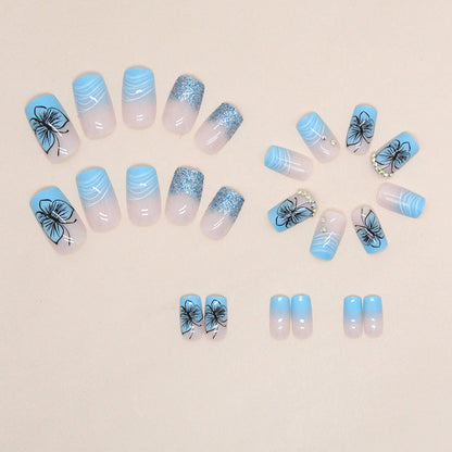 Summer Cool Glitter French Square Nails, Elegant and Sparkly