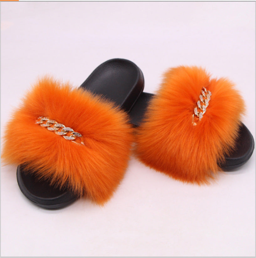 Womens Fuzzy Slippers, Fox Fur Inspired Sandals