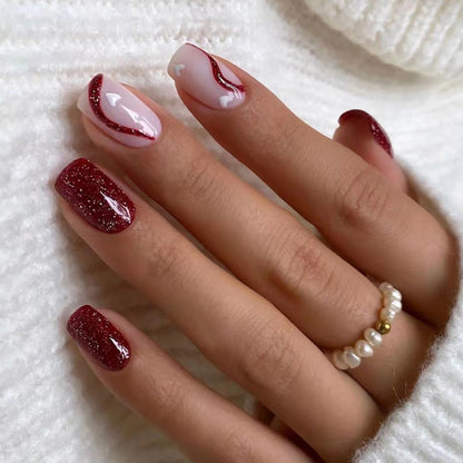 Square Flash Cherry Red Nails, Heart Pattern, Ins Style, Wholesale-Homeunderwear