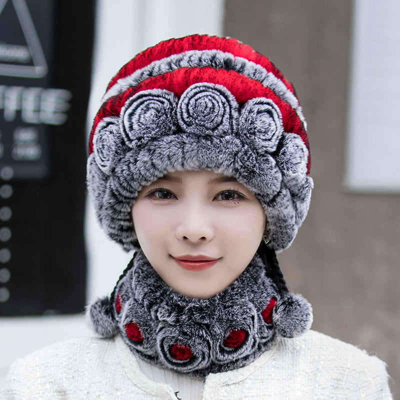 Warm Real Rabbit Fur Ear Flap Hat & Scarf Set