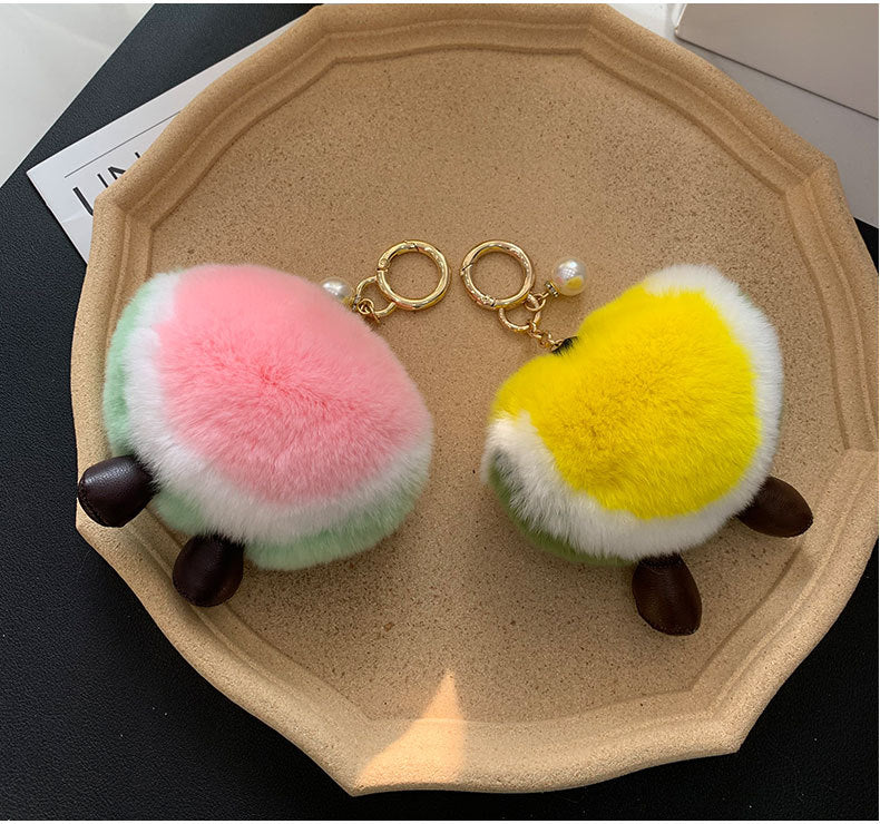 Cute Real Rabbit Fur Watermelon Charm Keychain & Phone Decor