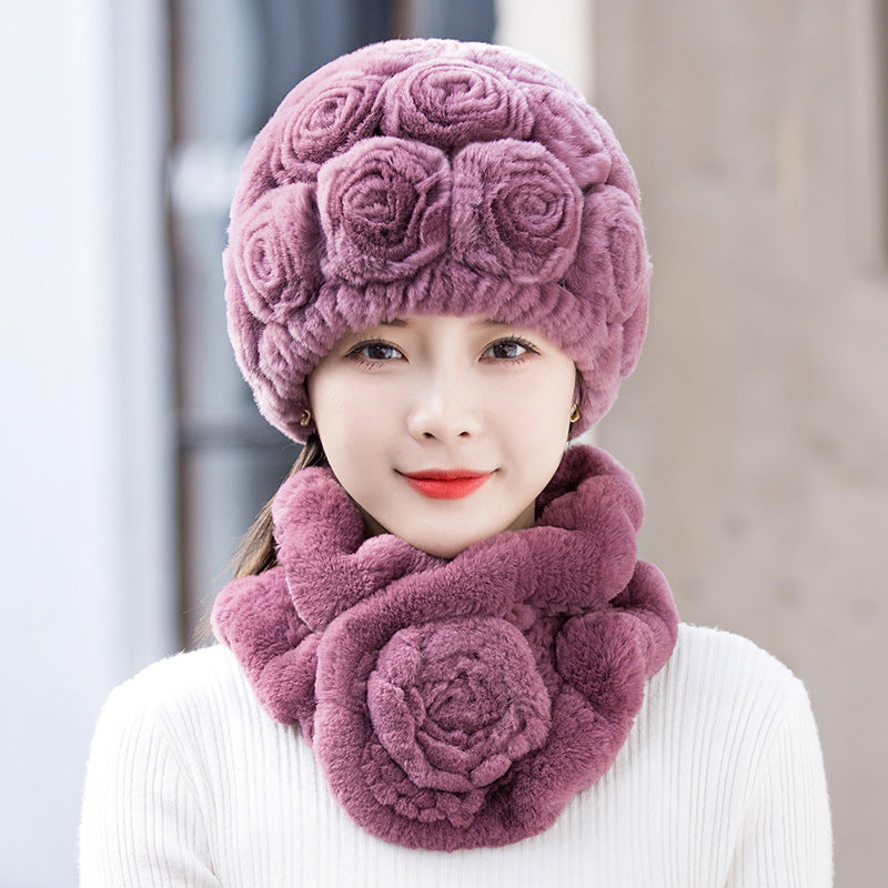 Winter Rex Rabbit Fur Ear Flap Hat & Scarf Set