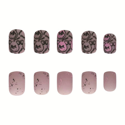 Purple Grey Matte Short Square Nails with Bear Designs