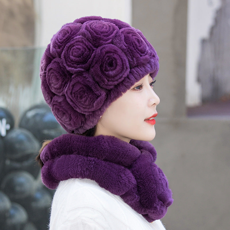 Winter Rex Rabbit Fur Ear Flap Hat & Scarf Set