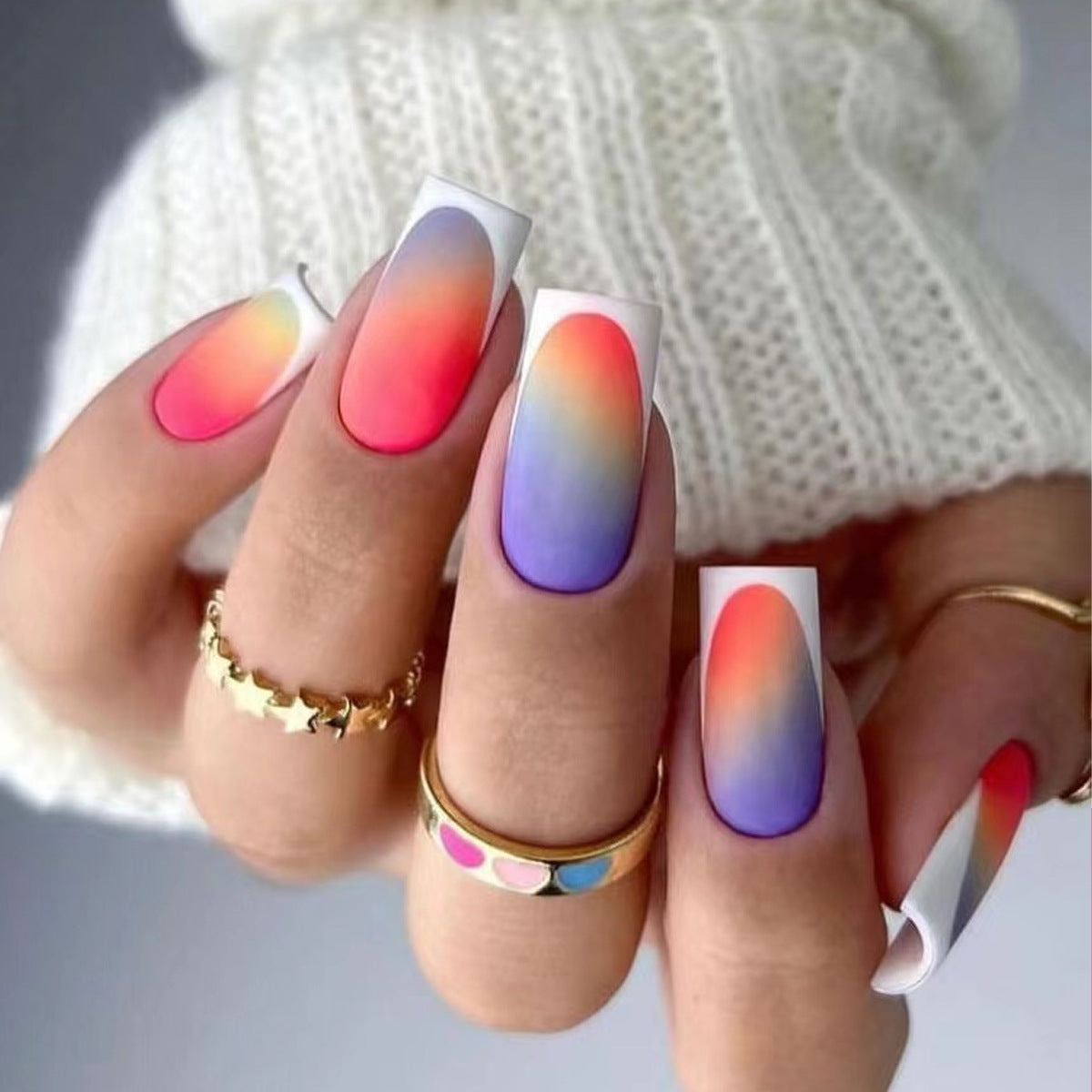 White French Ombre Rainbow Matte Nail Tips