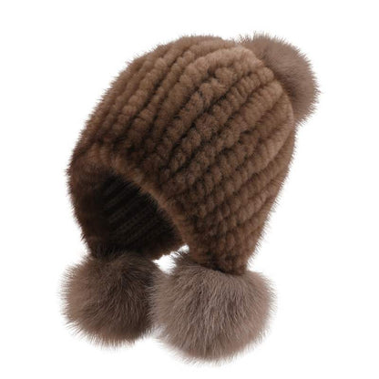 Winter Women's Mink Fur Ear Flap Hat with Fox Pom Pom