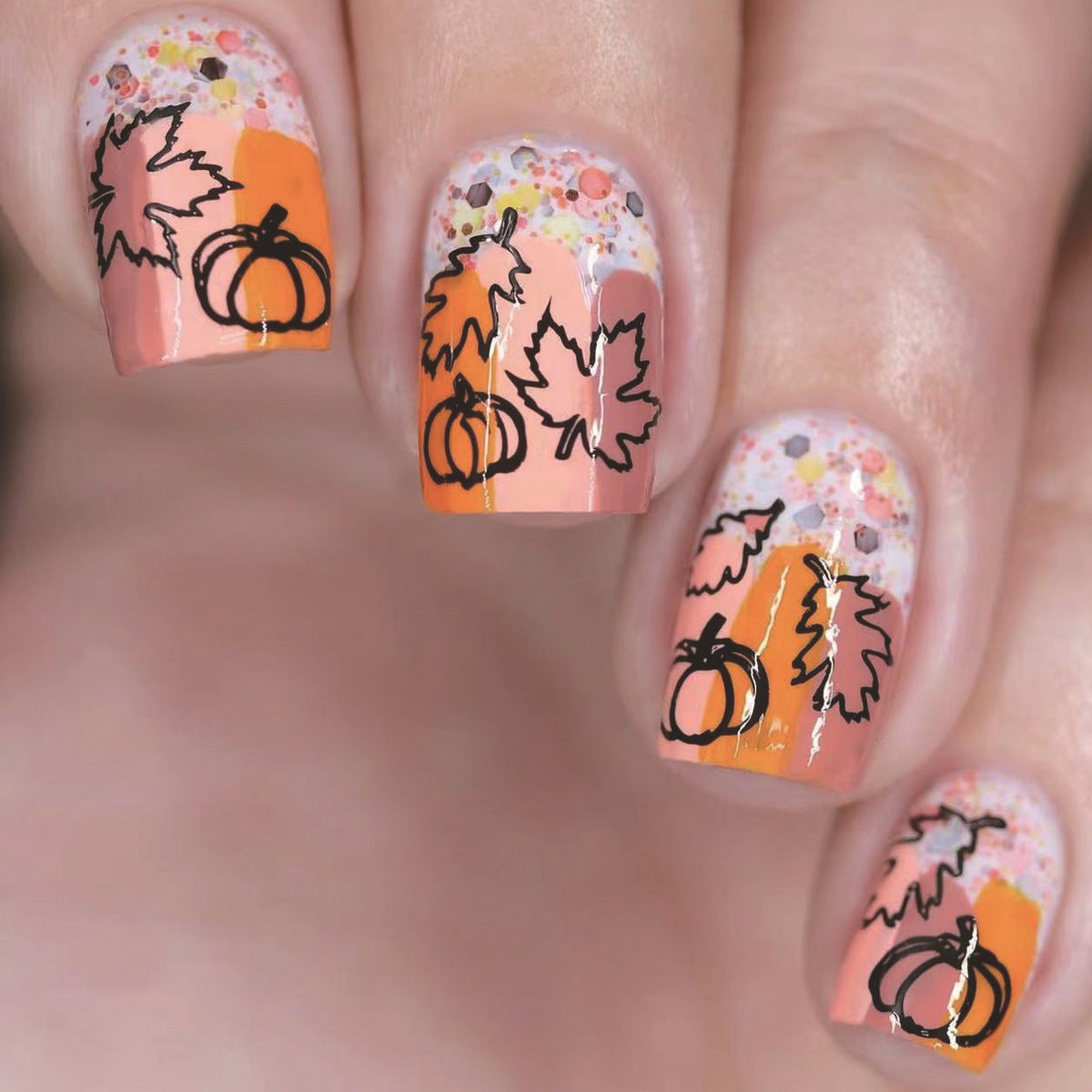 Multicolor Brush Stroke Fall Leaves and Pumpkin Nails