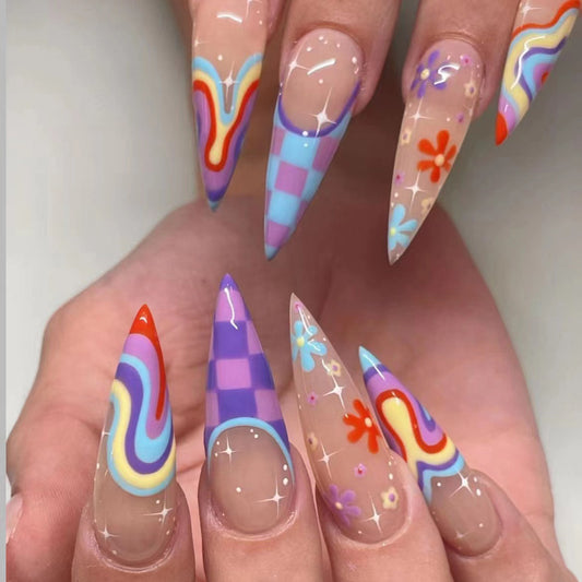 Multicolor Wave & Flower Nail Tips, Checkerboard Style