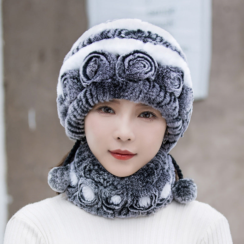 Warm Real Rabbit Fur Ear Flap Hat & Scarf Set