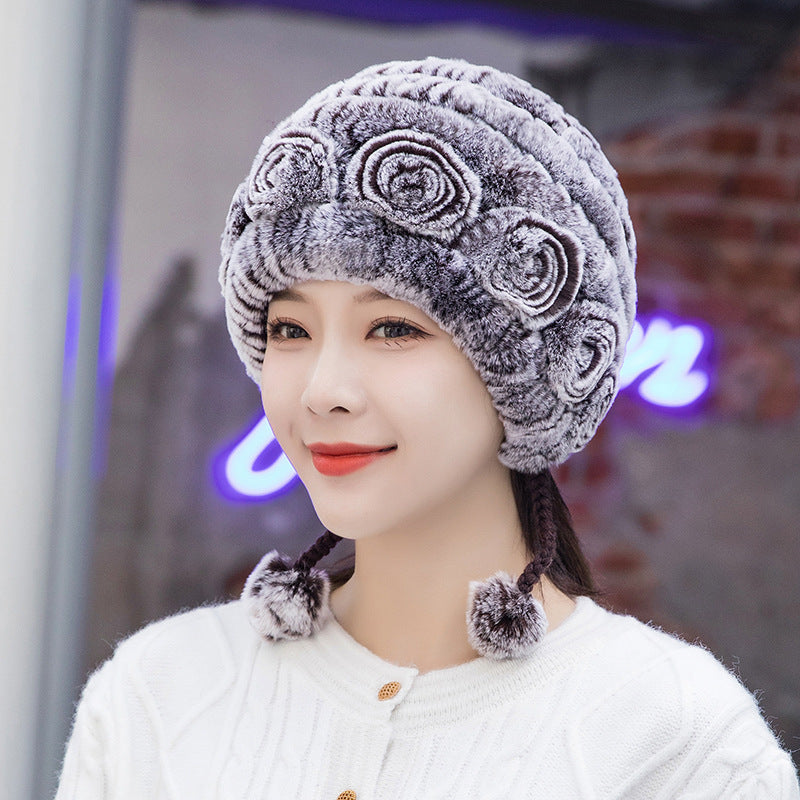 Winter Real Rabbit Fur Ear Flap Hat & Scarf Set