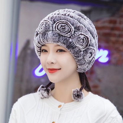 Winter Real Rabbit Fur Ear Flap Hat & Scarf Set