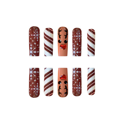 Extra Long Rectangular Christmas Nails with Red Glitter and Reindeer