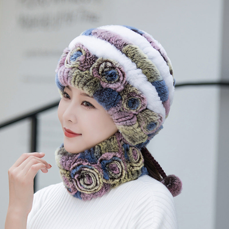 Warm Real Rabbit Fur Ear Flap Hat & Scarf Set