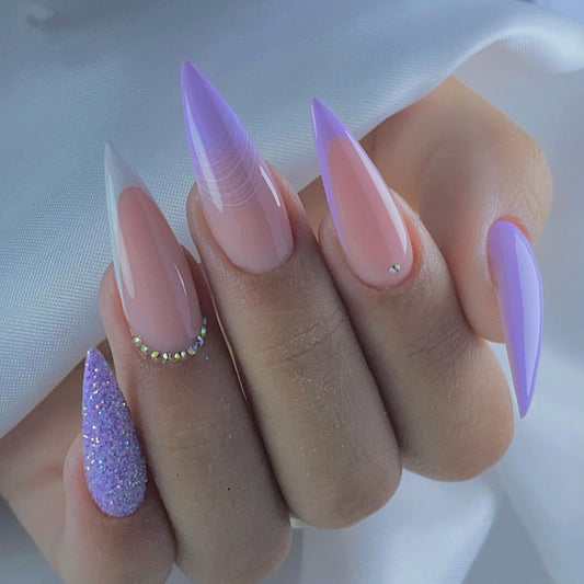 Long Purple French Tip Nails with Glitter