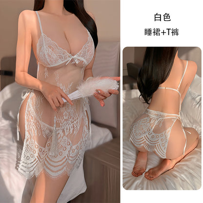 Sexy Lace Suspender Cut-out Lace-up Nightdress(Free thong)