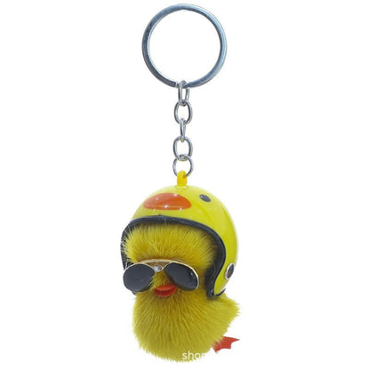 Cute Real Mink Fur Duck Helmet Keychain Plush Accessory