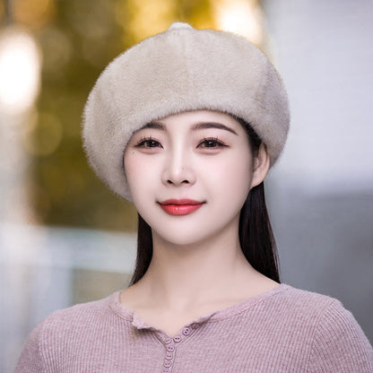 Women's Winter Fashion Water Mink Fur Beret Thick Warm Octagonal Hat