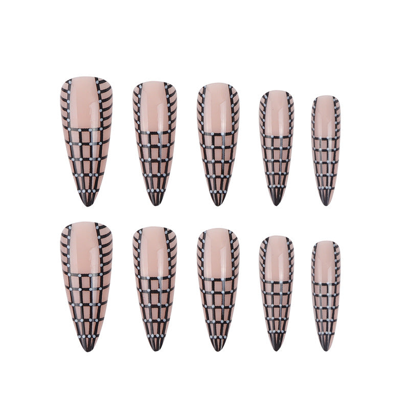 Long Pointed Chessboard Glitter Nail Extensions