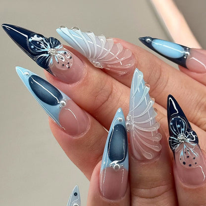 Almond Shaped Handcrafted Flower Nail Tips with Ombre Effect