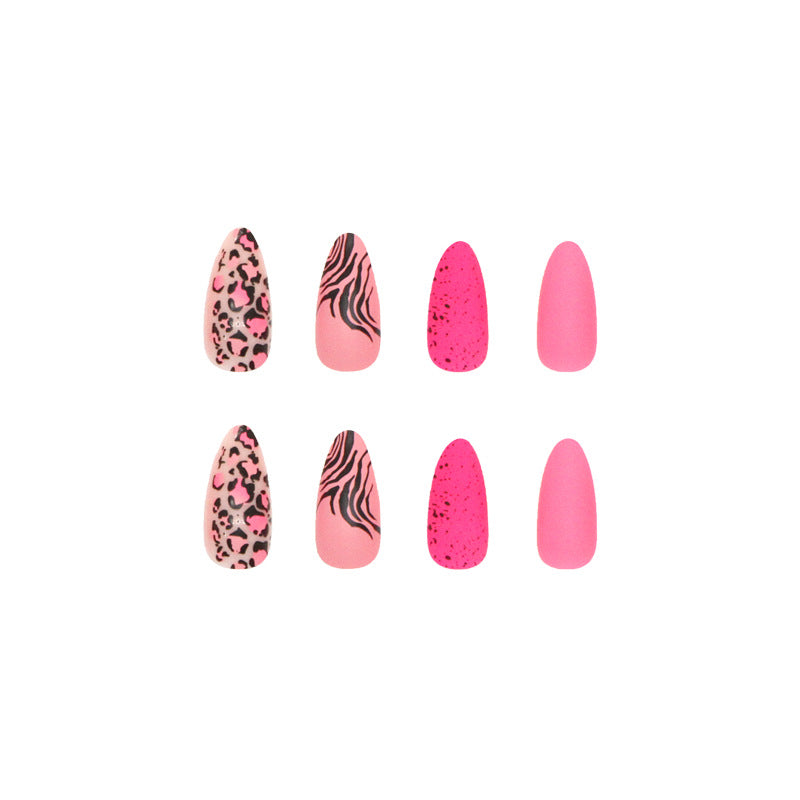 Almond Shape Pink Leopard Print Nails, Matte Finish, 24 Pieces