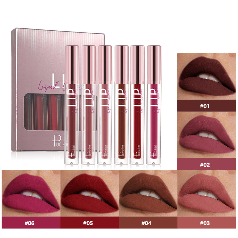 Pudaier Matte and Shimmer Lip Lacquer - Hydrating, 6-Color Set