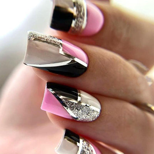 New FashionBlack and Pink Glitter Square Nail Tips