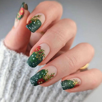 Christmas Khaki Matte Short Square Nails with Snowflakes and Flowers