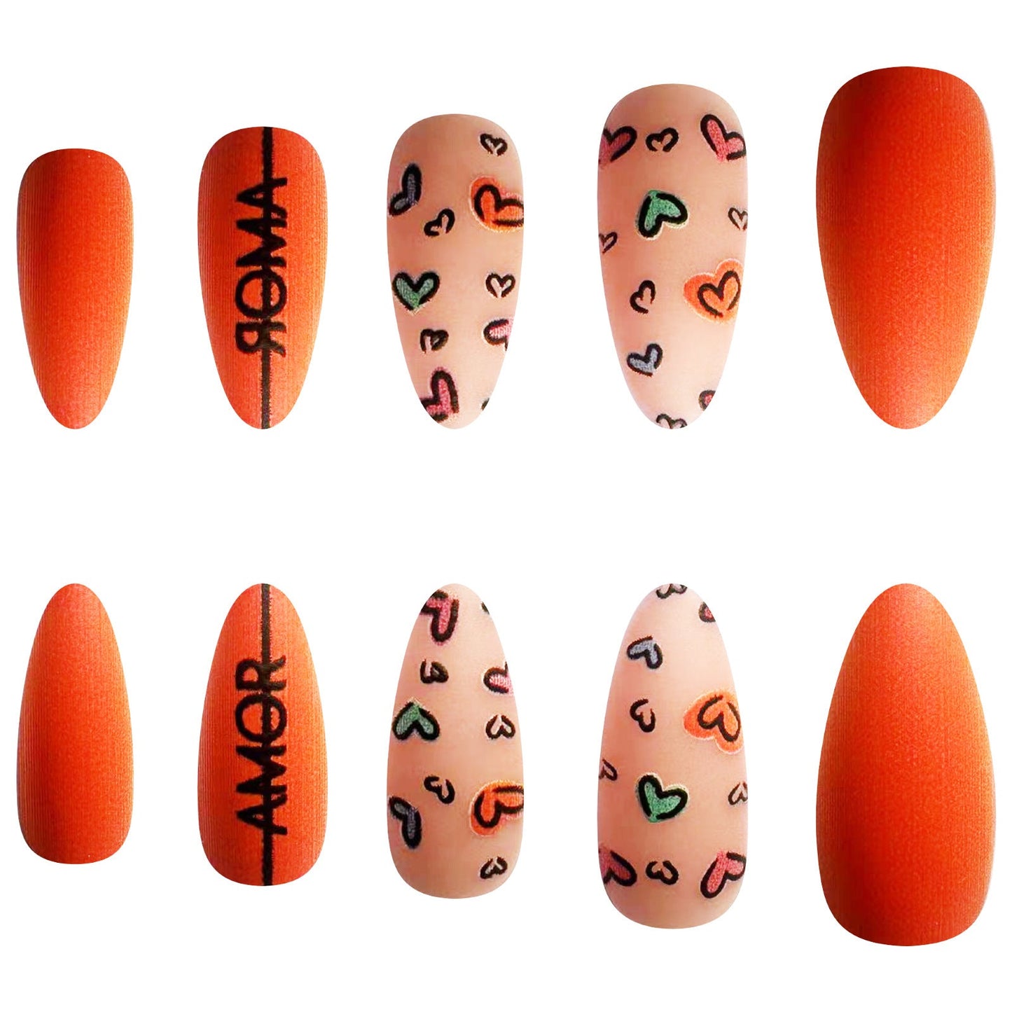 Valentine's Day Orange Almond Nails with Love Heart Designs