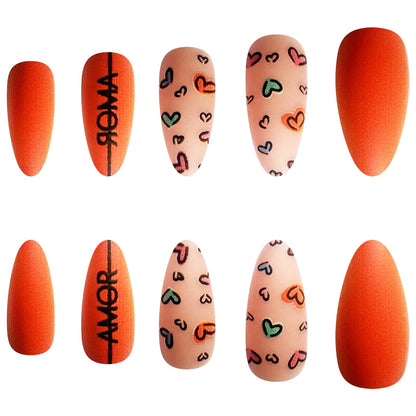 Valentine's Day Orange Almond Nails with Love Heart Designs