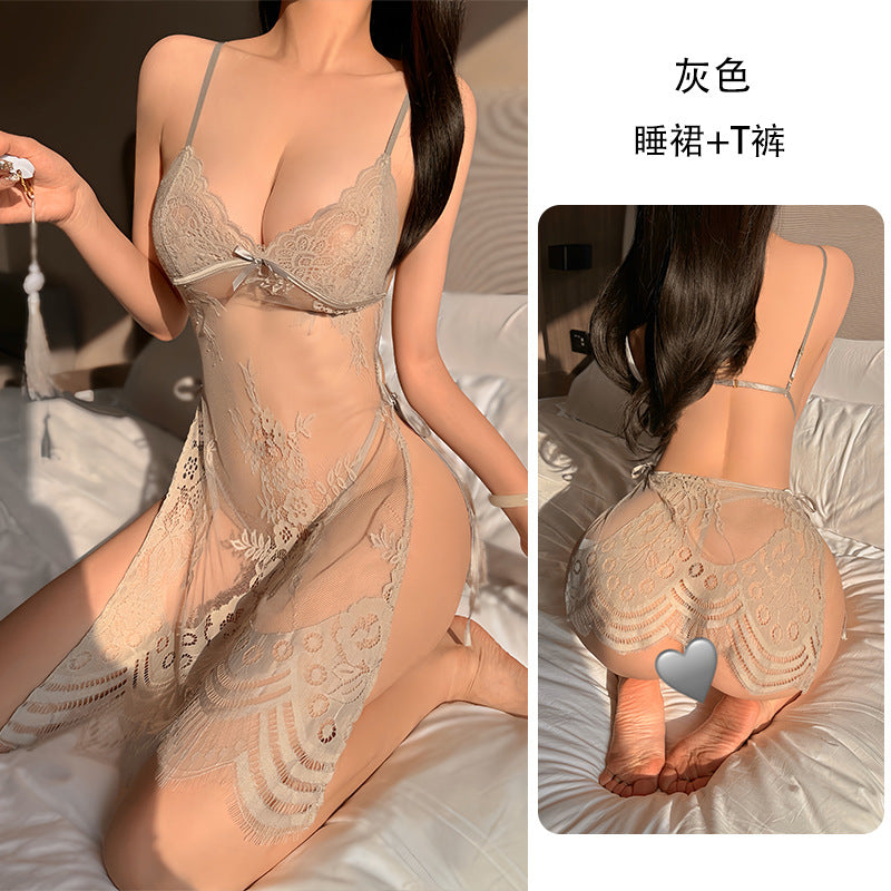 Sexy Lace Suspender Cut-out Lace-up Nightdress(Free thong)