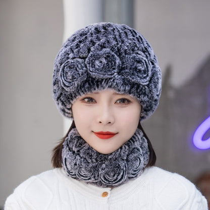 Warm Real Rabbit Fur Ear Flap Hat & Scarf Set