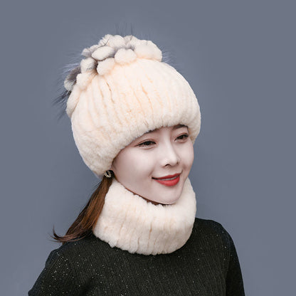 Winter Real Rabbit Fur Hat & Neck Warmer Set