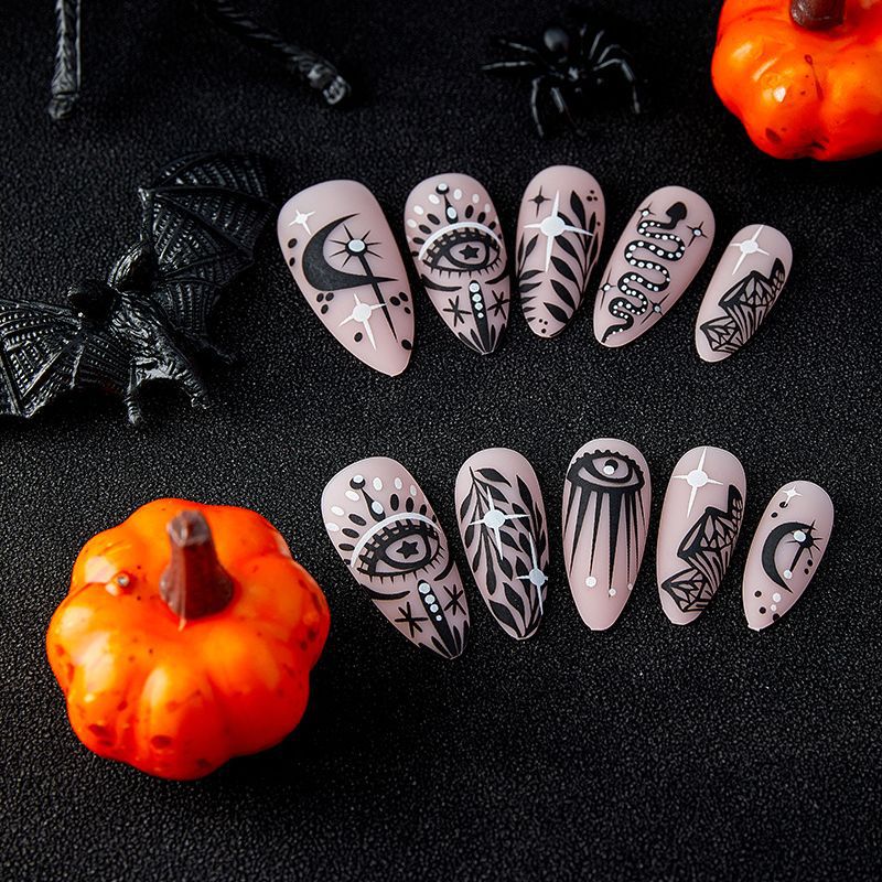 Almond Nails Black Totem Wearable Big Eye Diamond Moon Euro Halloween Ins Style