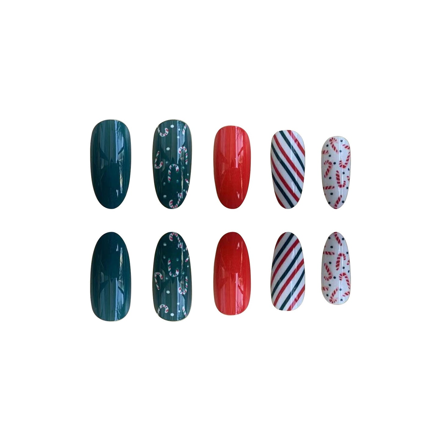 Cute Christmas Candy Cane Nails with Red White Green Stripes