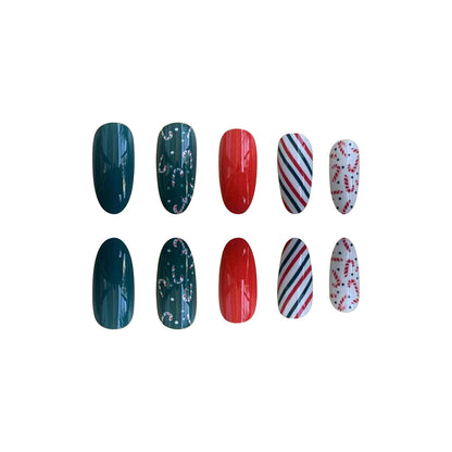 Cute Christmas Candy Cane Nails with Red White Green Stripes