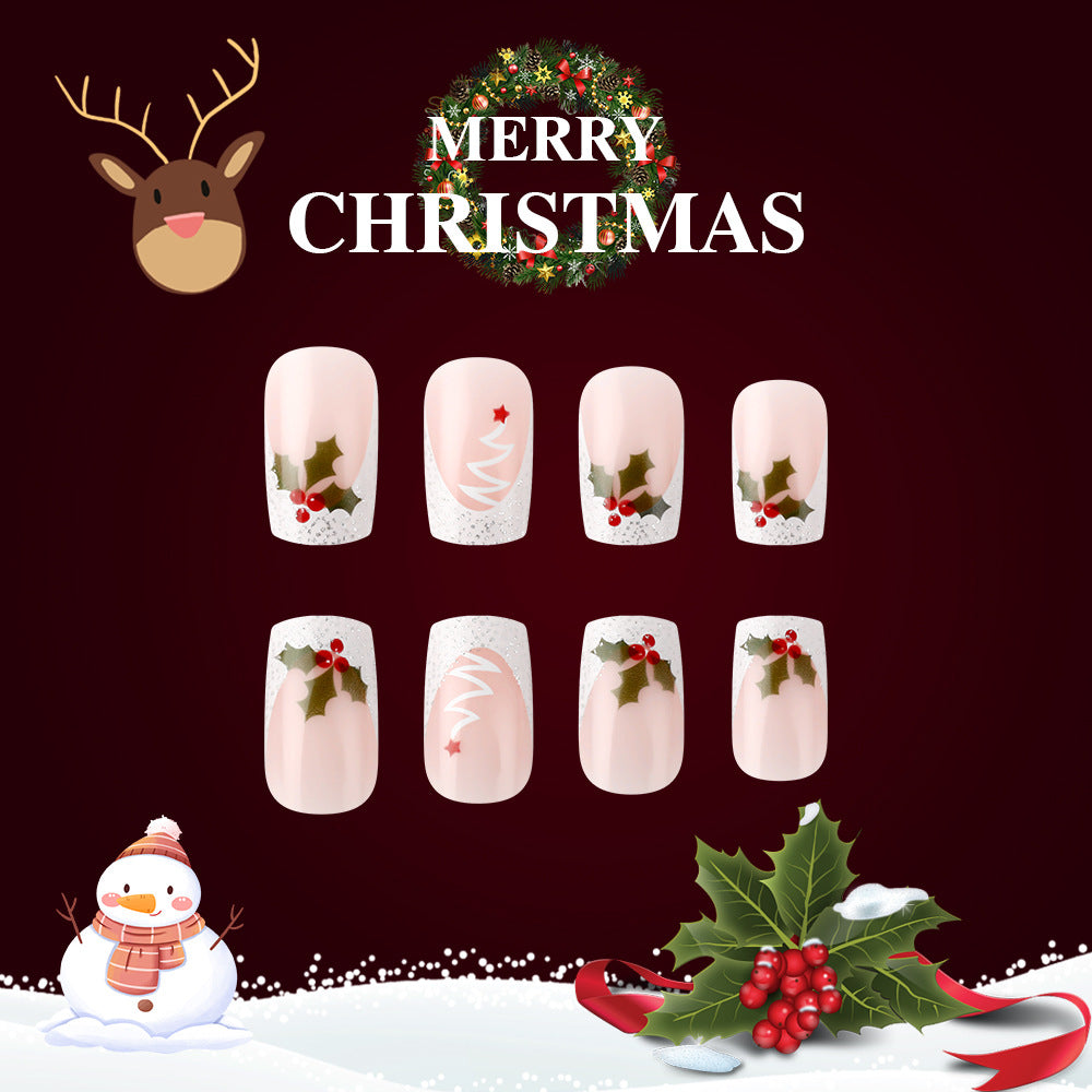 New FashionShort Shiny Christmas Nails - Glitter, French White Edge-homeunderwear