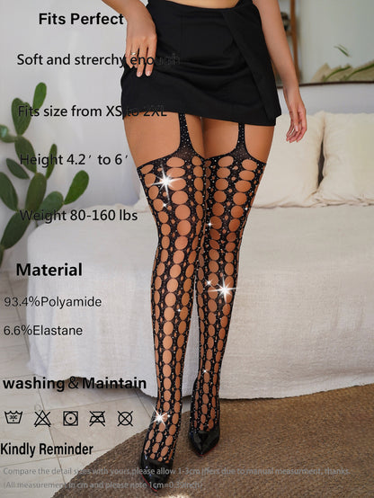 Sexy Open Crotch Geometric Cutout Jumpsuit Water Socks Drill Fishnet Socks Rhinestone-Embellished Tights