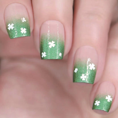 St. Patrick's Day Green Glitter Gradient Press-On Nails, Shamrock Design