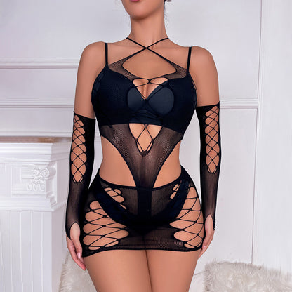 Sexy Hollow Transparent Three-piece Set Tight Fishing Net Gloves Jacquard Hip Skirt, Sleeve Set Underwear