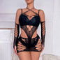 Sexy Hollow Transparent Three-piece Set Tight Fishing Net Gloves Jacquard Hip Skirt, Sleeve Set Underwear