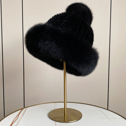 Luxury Mink Fur Hat with Big Fox Pom Pom